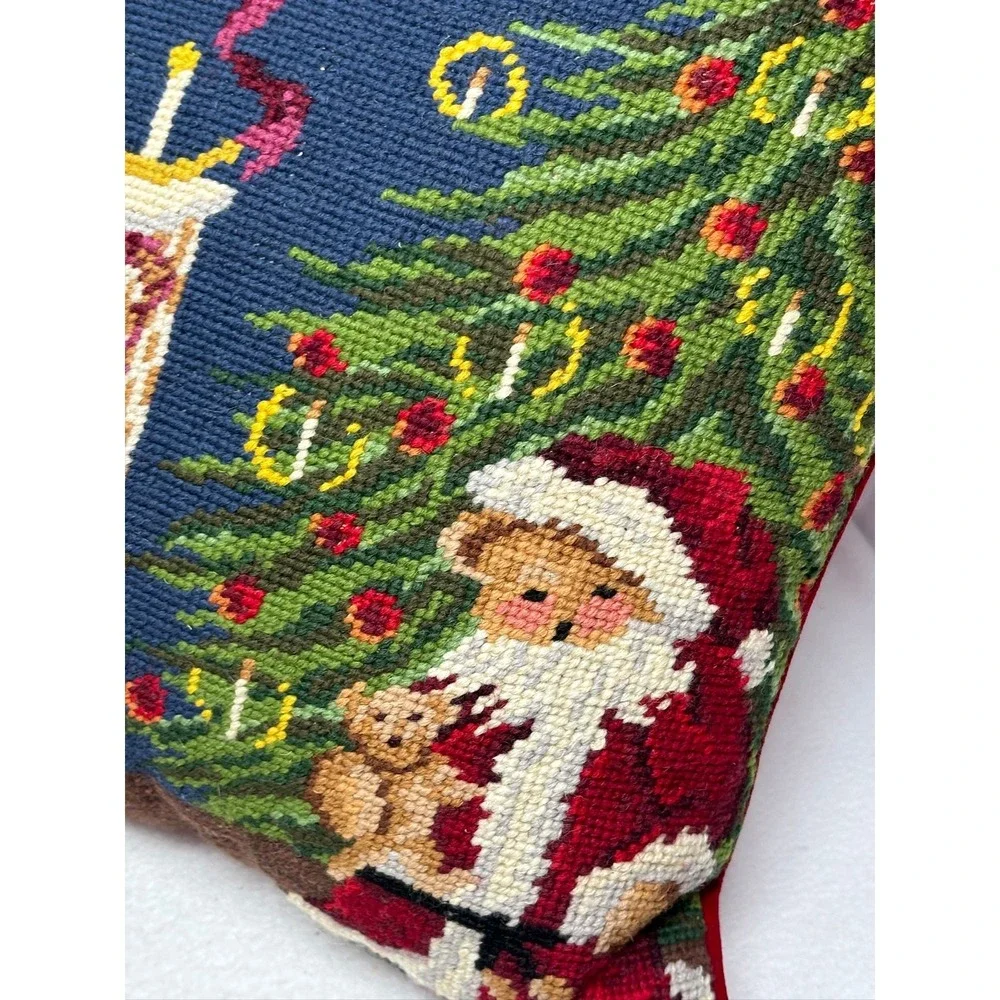 Wool Needlepoint Christmas Teddy‎ Bears Pillow Velvet Back Square